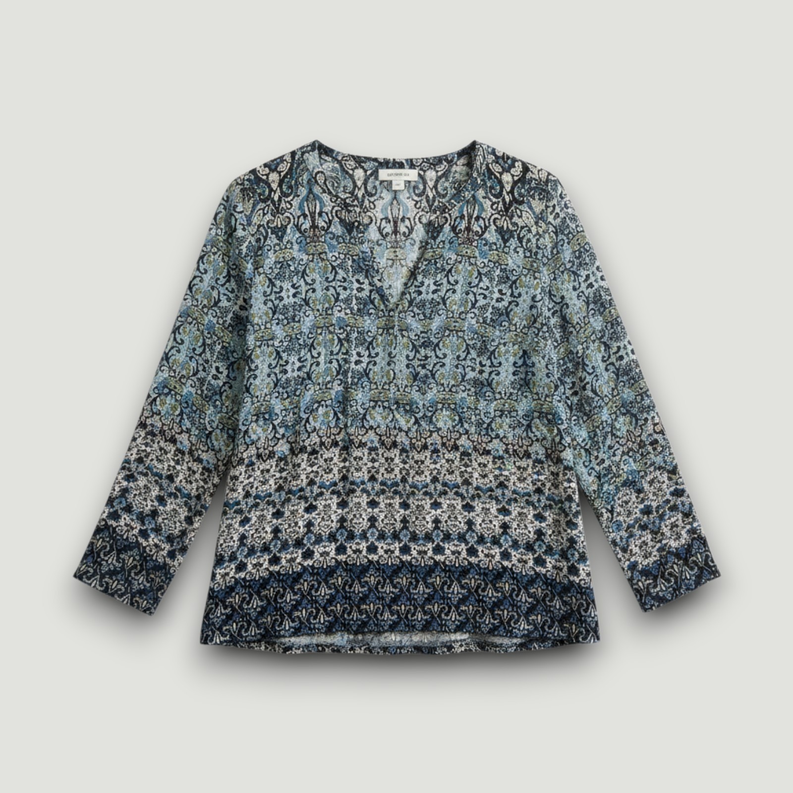 J. Jill Blouse Womens M Petite Blue Damask Long Sleeve Relaxed Fit Office Chic